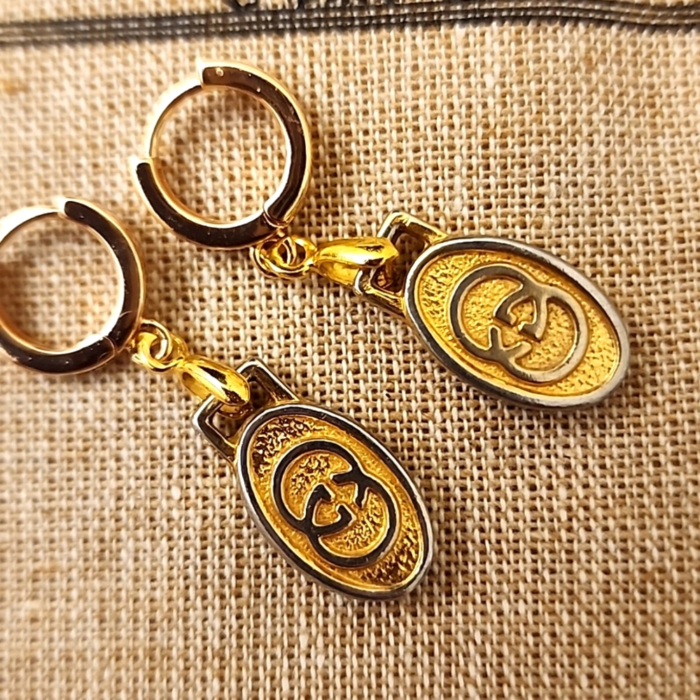 AUTHENTIC Gucci GG Charm Pendants Drop Earrings Customized Gold Plated - Picture 2 of 6
